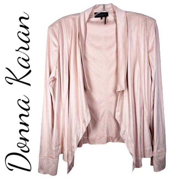 NWOT DONNA KARAN Microsuede Blush Pink Shimmer Open Waterfall Cardigan Jacket, 8 - Picture 9 of 9